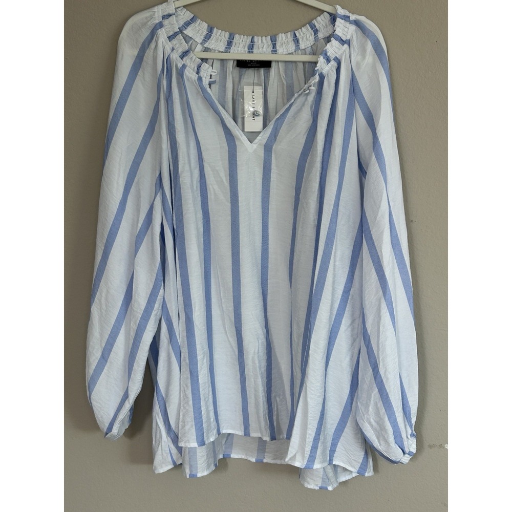 Lane Bryant Blue/White Striped V-Neck Long Sleeve Woven Pullover Blouse 3XL